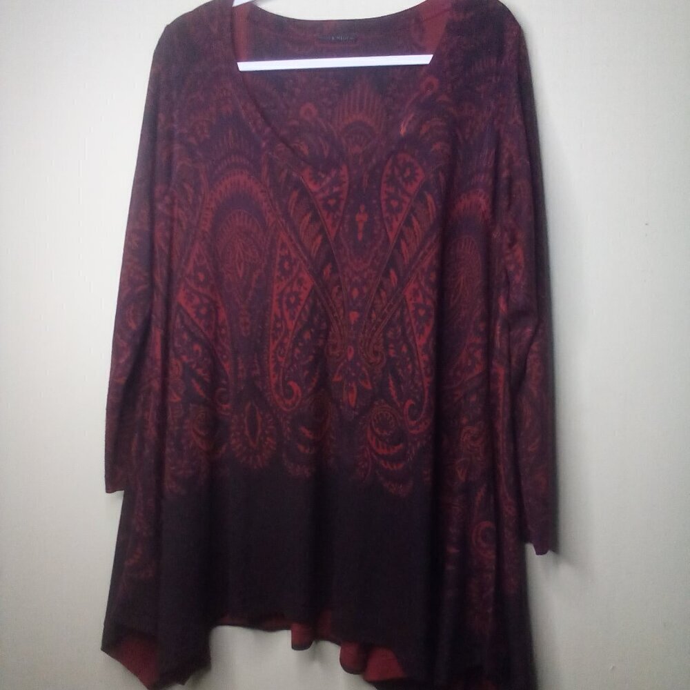 Nally & Millie Shirt XL Pullover 3/4 Sleeve Bat Wing Hem Pattern Red Black